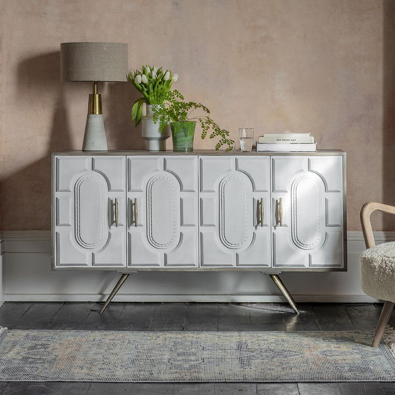 White Four-Door Sideboard With An Etched Pattern