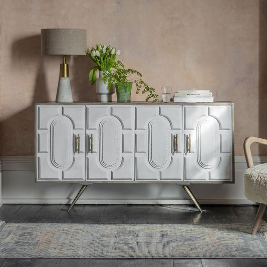 White Four-Door Sideboard With An Etched Pattern