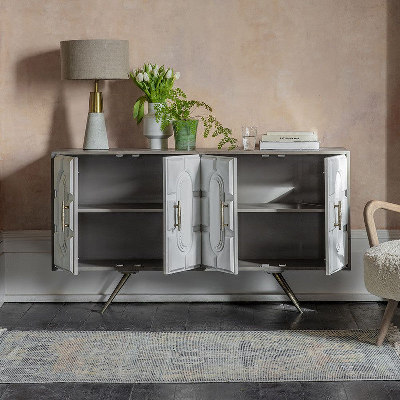 White Four-Door Sideboard With An Etched Pattern