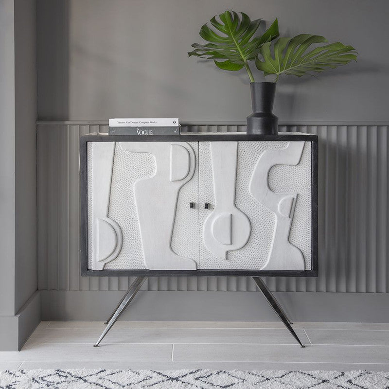 Hand Carved Wooden Sideboard With 3D Design Pattern