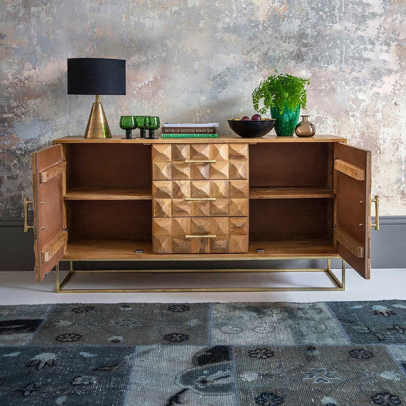 Mango Wood Finish Sideboard With 3 Drawers