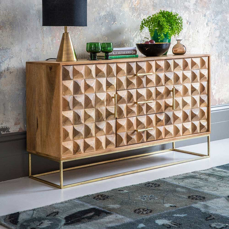 Mango Wood Finish Sideboard With 3 Drawers