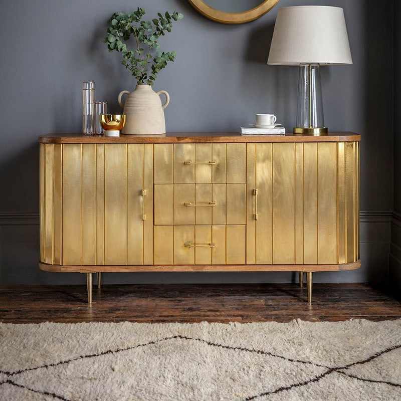 Natural Mango Wood And Brass Clad Finish Sideboard With 3 Drawers