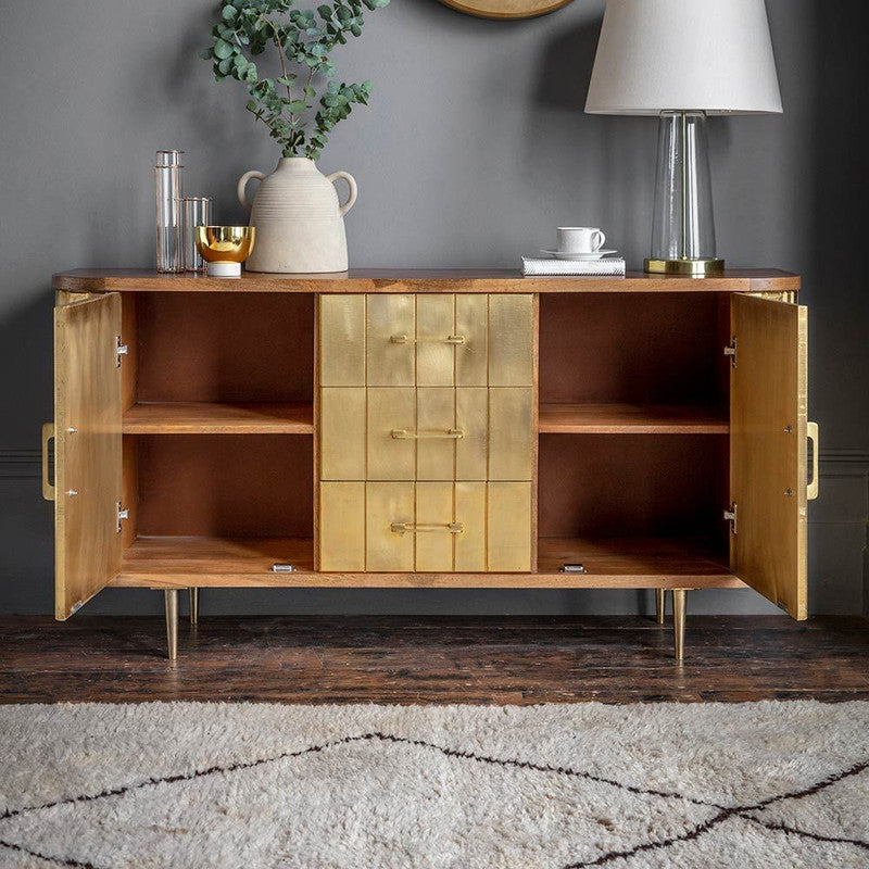 Natural Mango Wood And Brass Clad Finish Sideboard With 3 Drawers