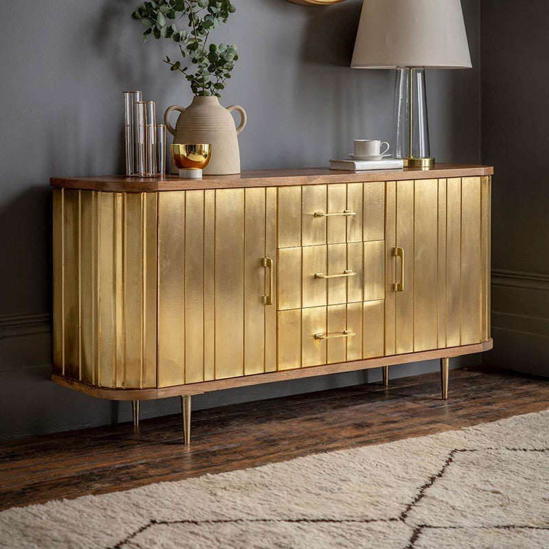 Natural Mango Wood And Brass Clad Finish Sideboard With 3 Drawers