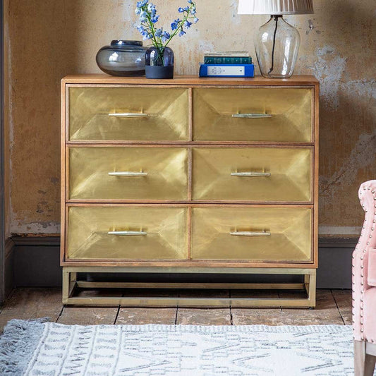 Natural Mango Wood And Antique Brass Frame Chest Of Drawers