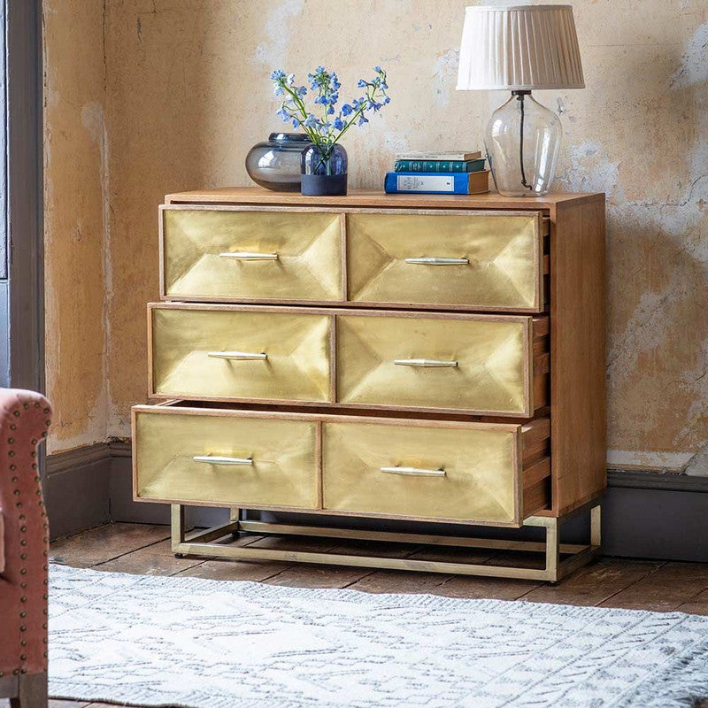 Natural Mango Wood And Antique Brass Frame Chest Of Drawers