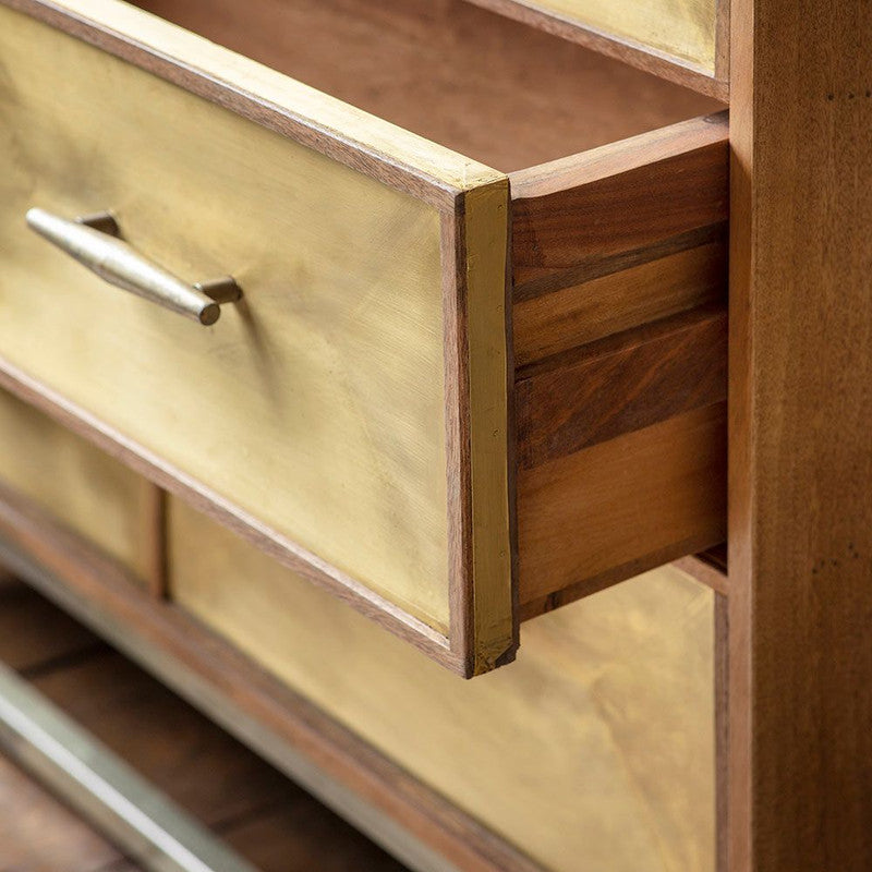 Natural Mango Wood And Antique Brass Frame Chest Of Drawers