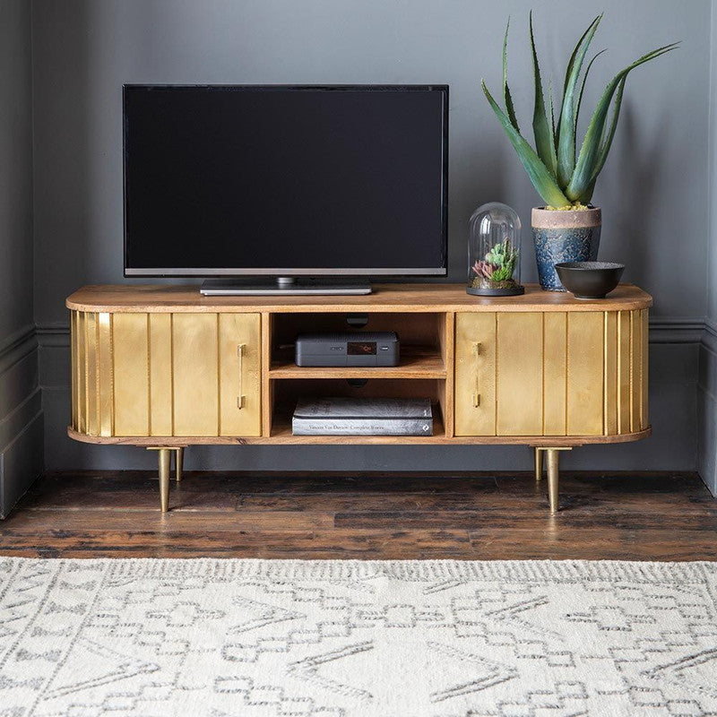 Natural Mango Wood And Brass Clad Finish Media Unit