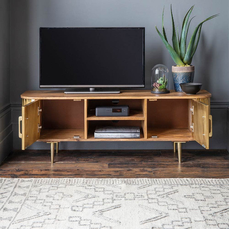 Natural Mango Wood And Brass Clad Finish Media Unit