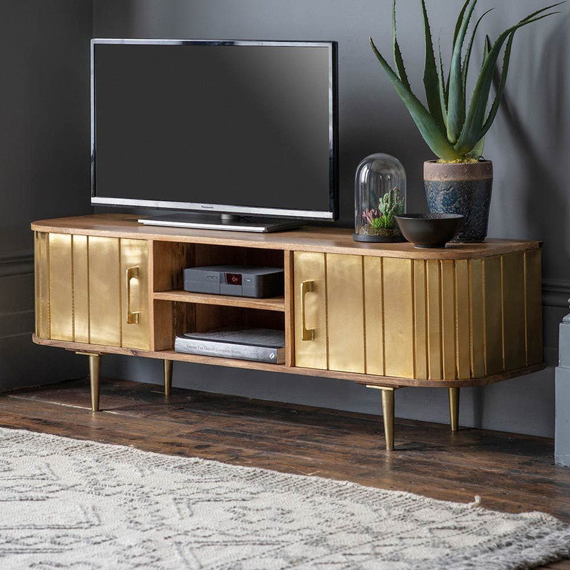 Natural Mango Wood And Brass Clad Finish Media Unit