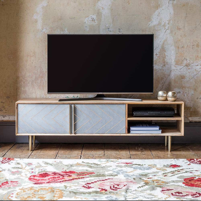 Mango Wood Finish Media Unit With A Cement And Brass Inlay