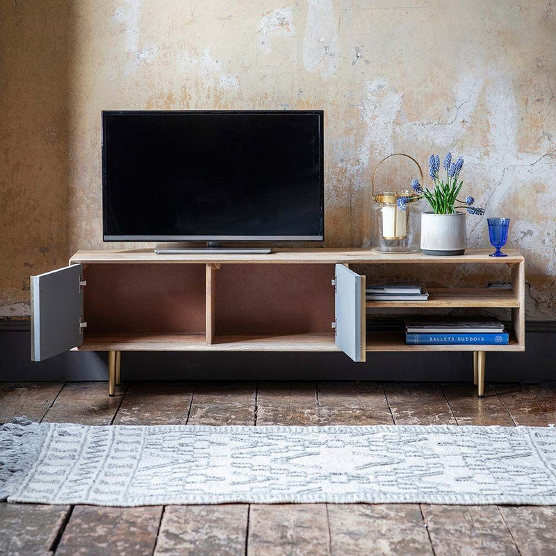 Mango Wood Finish Media Unit With A Cement And Brass Inlay