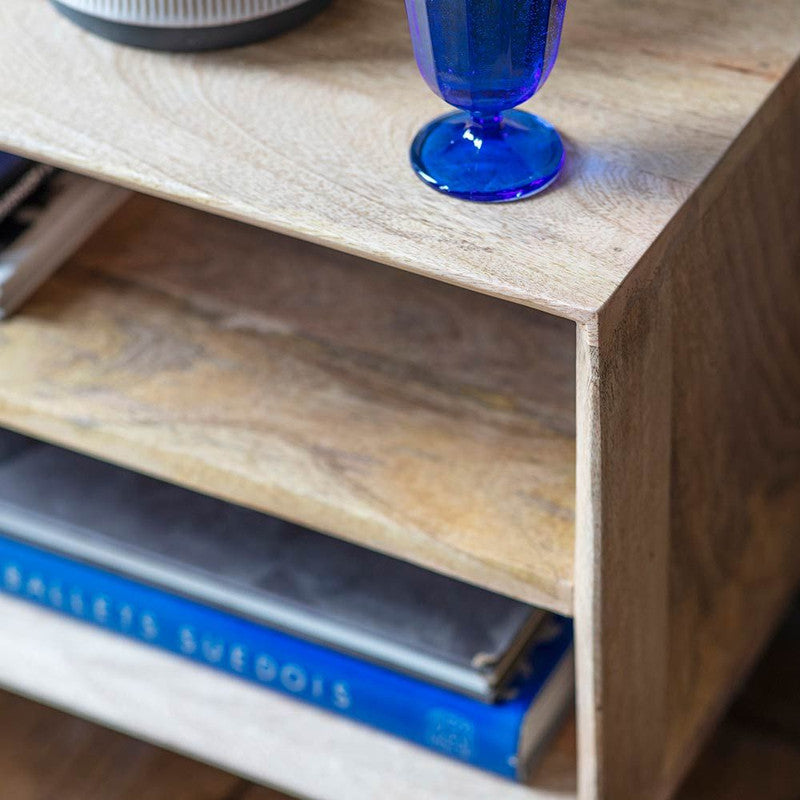 Mango Wood Finish Media Unit With A Cement And Brass Inlay