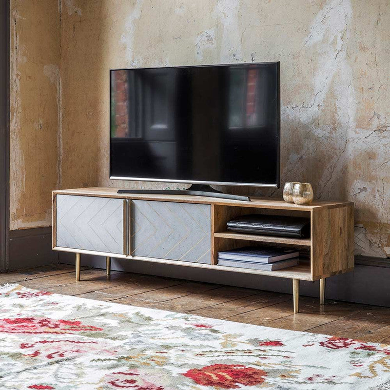 Mango Wood Finish Media Unit With A Cement And Brass Inlay