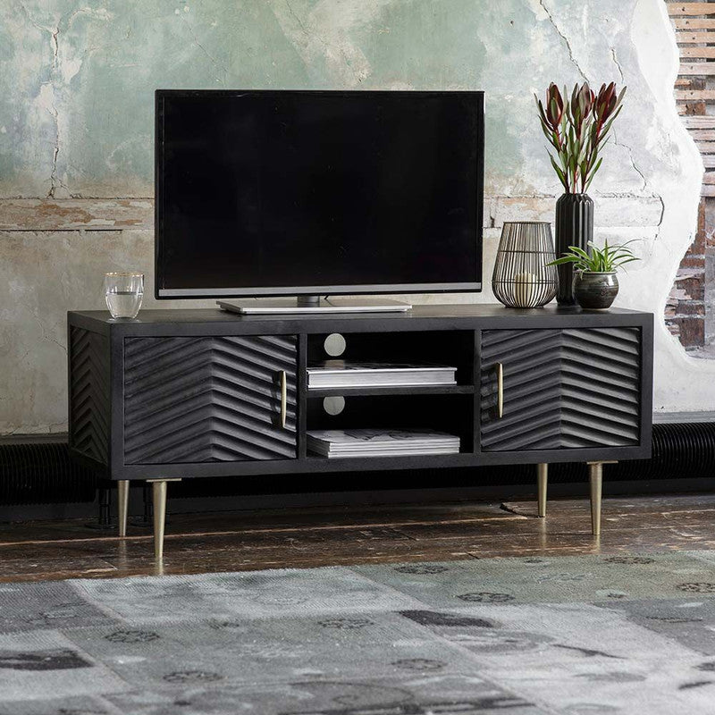 Black Stained Mango Wood Finish Media Unit