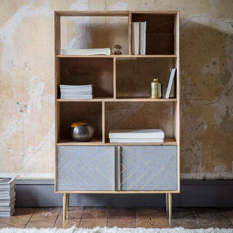 Mango Wood Finish Shelving Unit With A Cement And Brass Inlay