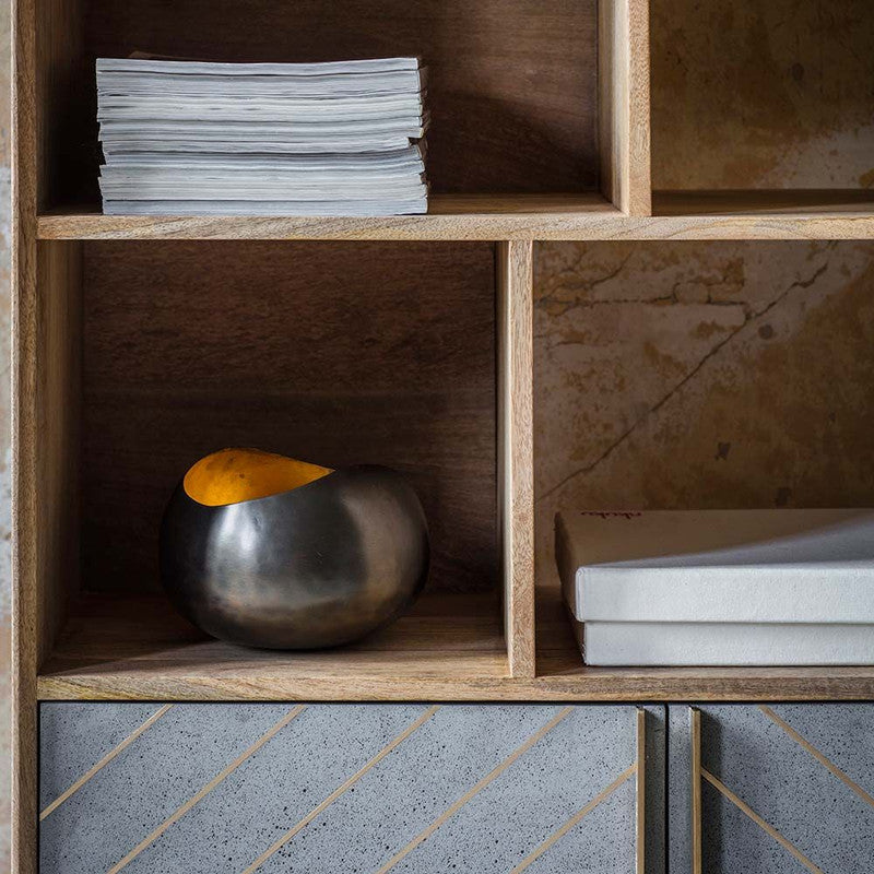 Mango Wood Finish Shelving Unit With A Cement And Brass Inlay