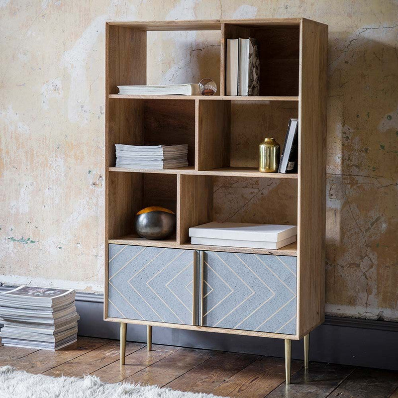 Mango Wood Finish Shelving Unit With A Cement And Brass Inlay