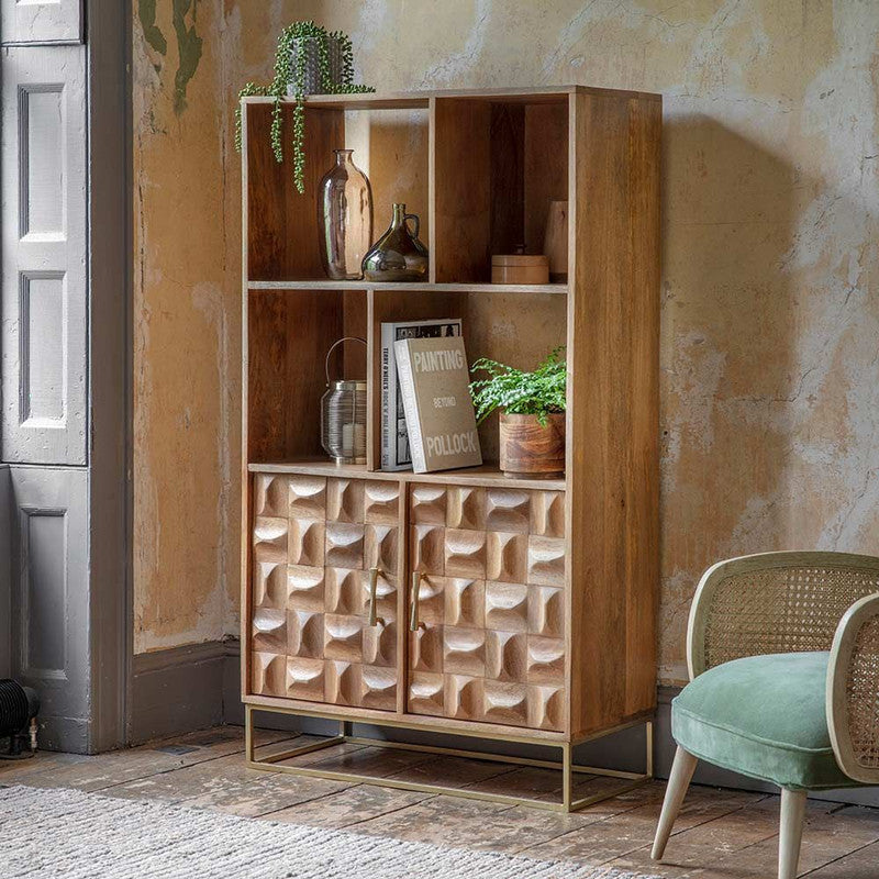 Natural Mango Wood Shelve Unit With  Brass Plated Frame