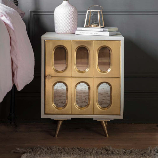 Whitewashed Mango Wood Bedside Drawer With Brass Cladded