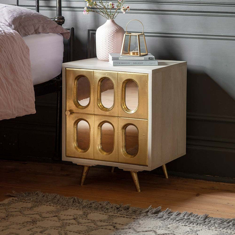 Whitewashed Mango Wood Bedside Drawer With Brass Cladded