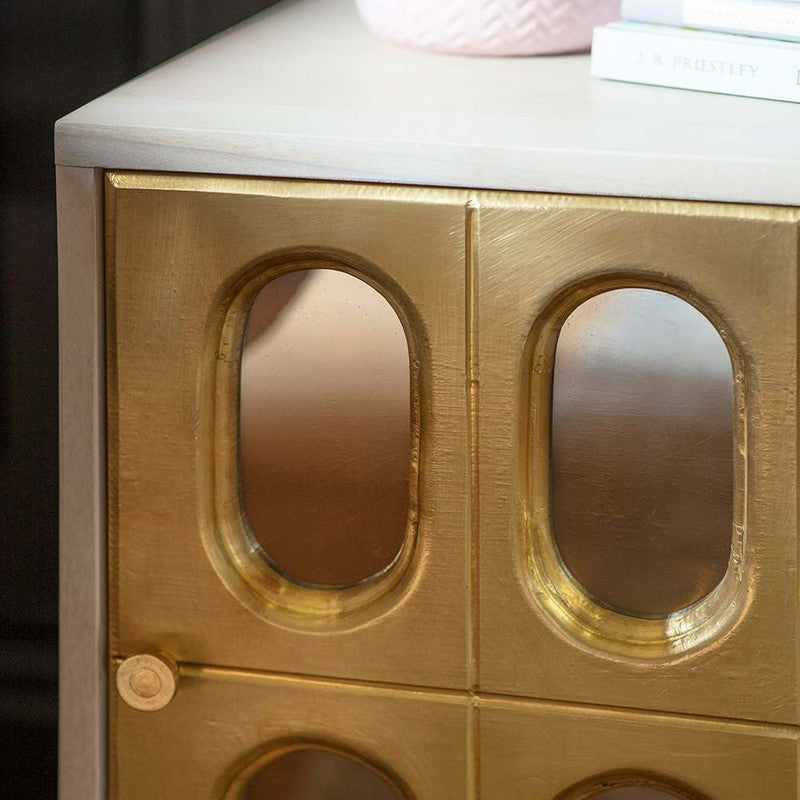 Whitewashed Mango Wood Bedside Drawer With Brass Cladded