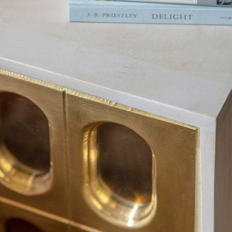 Whitewashed Mango Wood Bedside Drawer With Brass Cladded