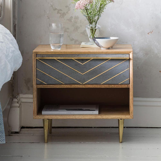 Mango Wood Bedside Drawer With Cement And Brass Inlay