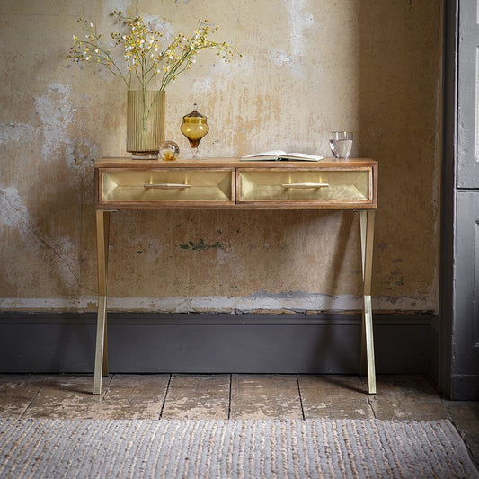 Natural Mango Wood Desk With Brass Clad Finish