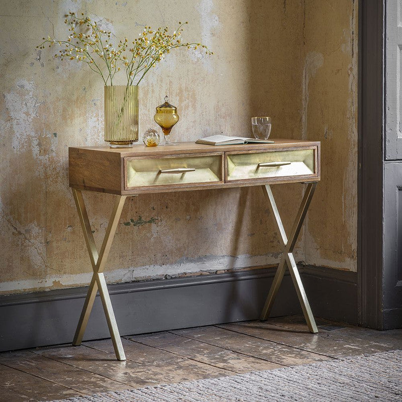 Natural Mango Wood Desk With Brass Clad Finish