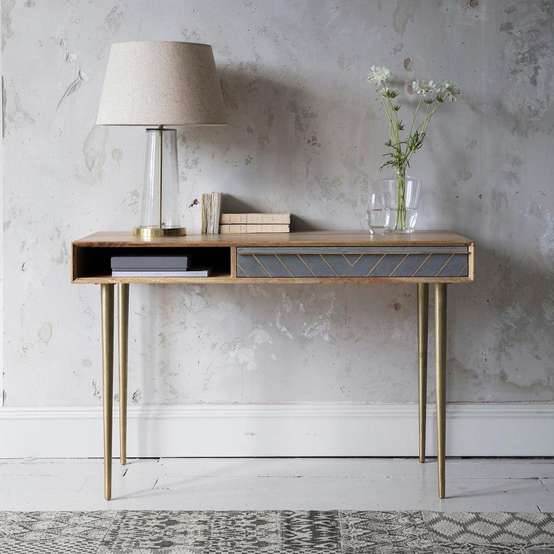 Mango Wood Desk With Cement And Brass Inlay