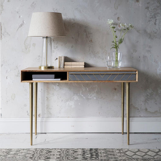 Mango Wood Desk With Cement And Brass Inlay