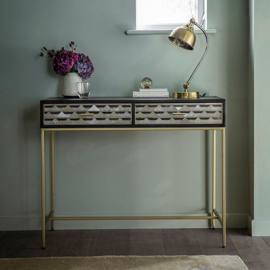 Black Stained Mango Wood Finish Desk With Marble Inlay