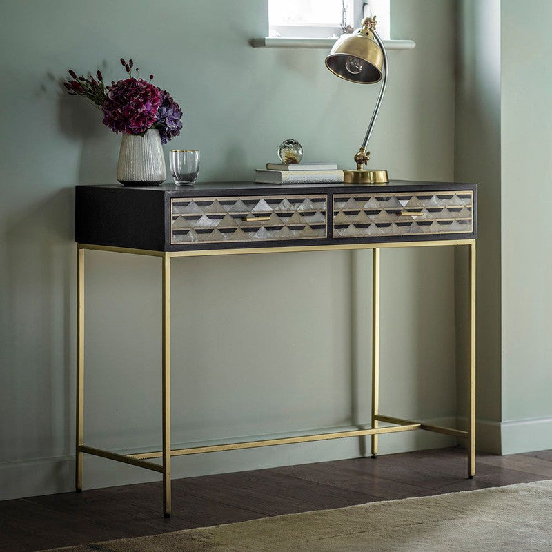 Black Stained Mango Wood Finish Desk With Marble Inlay