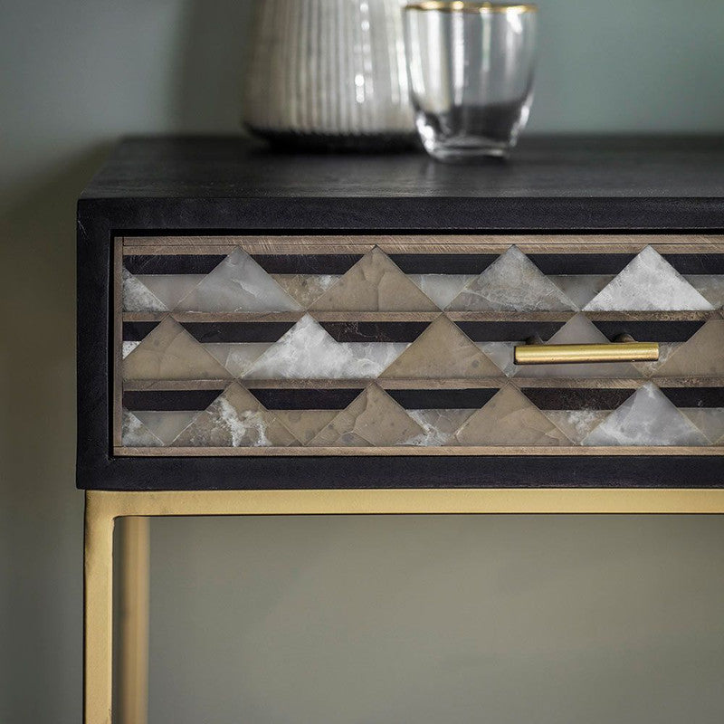 Black Stained Mango Wood Finish Desk With Marble Inlay