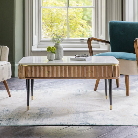 Mango Wood Finish Coffee Table With Marble Inlay