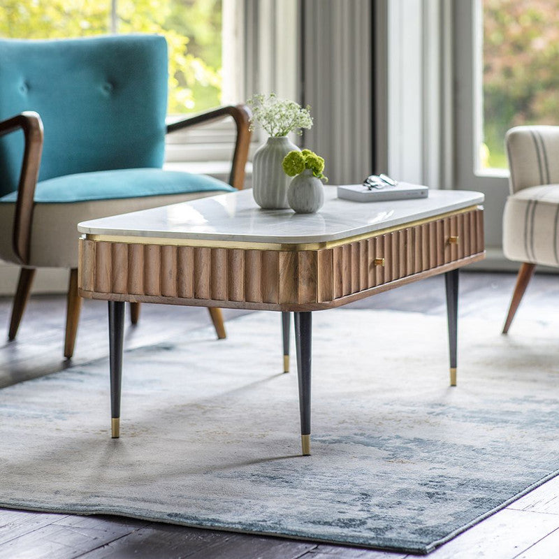 Mango Wood Finish Coffee Table With Marble Inlay