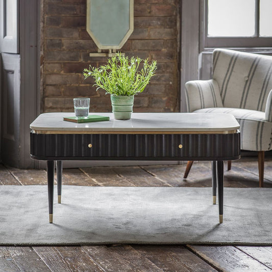 Black Stained Acacia Wood Finish Coffee Table With White Marble Top